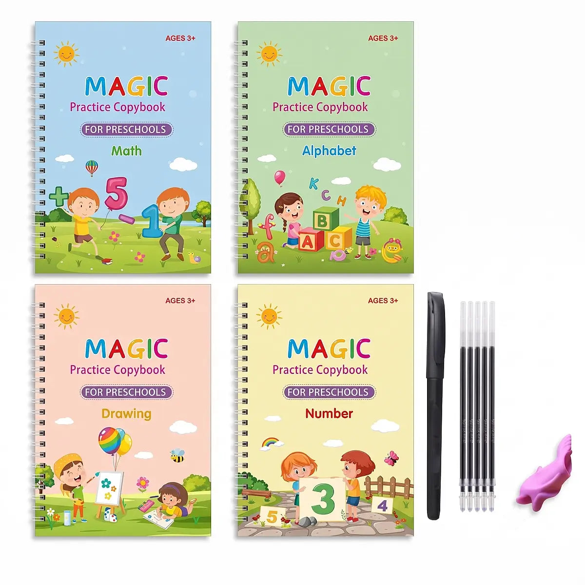 4 Books - Practice Copybook Alphabet Number Drawing Math Workbook