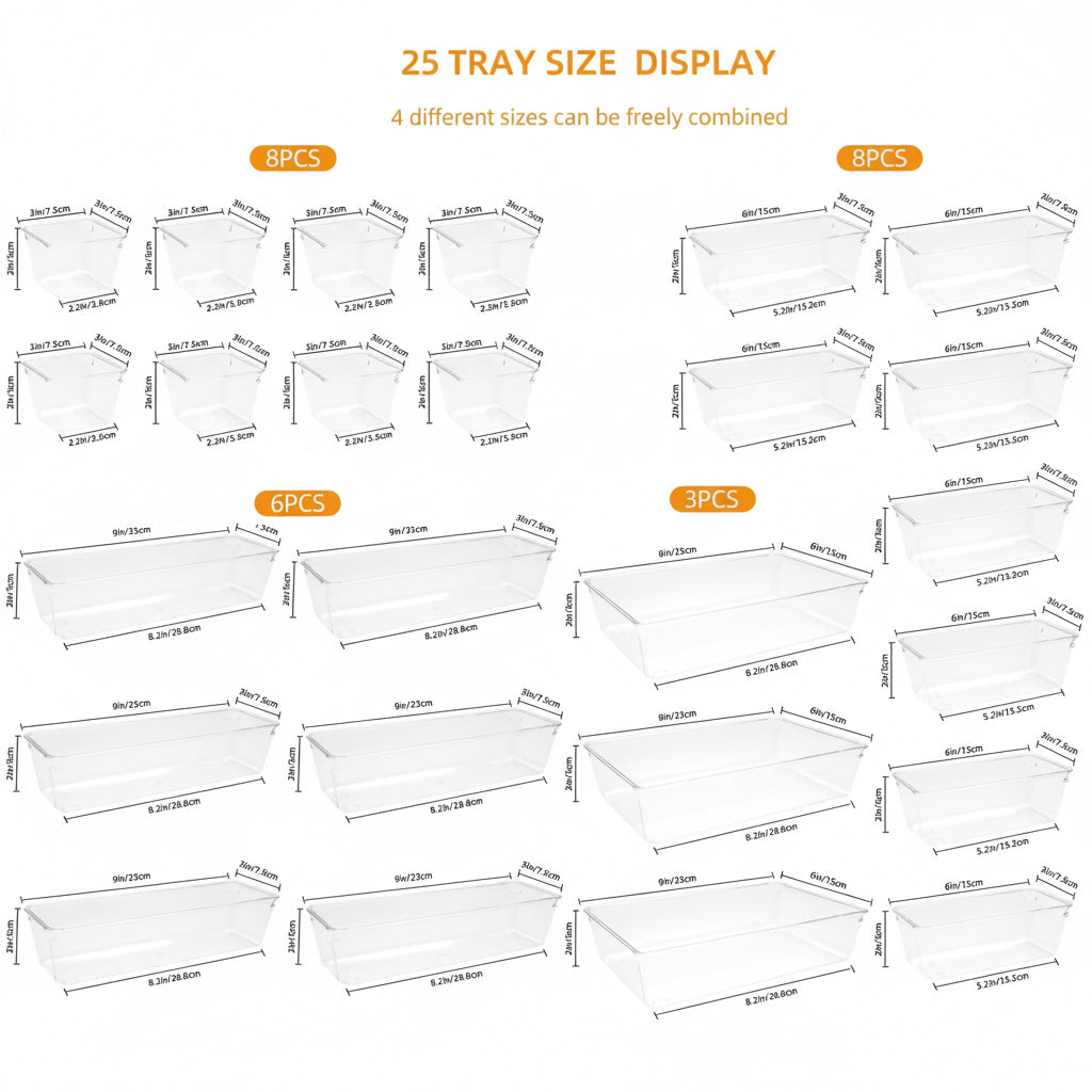 25 Pcs Drawer Organizer Plastic Storage Trays Set Kitchen Office Bathroom