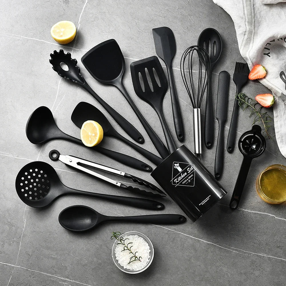 15Pcs Khaki Food Grade Silicone Kitchen Cookware Utensils