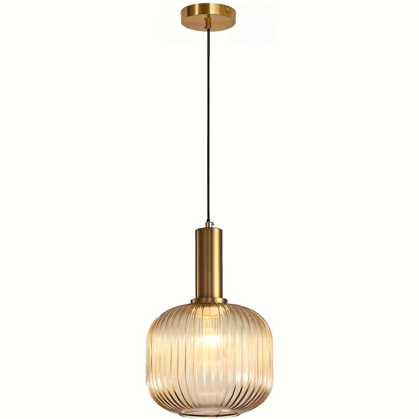 Modern Striped Glass Pendant Light | Brass & Ribbed Glass Shade
