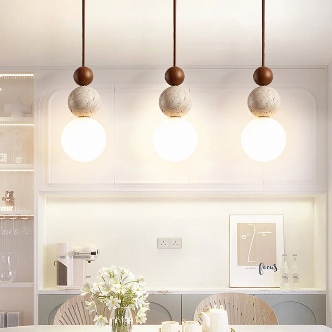 Cleonice Pendant Light | Travertine, Wood & Glass Hanging Lamp