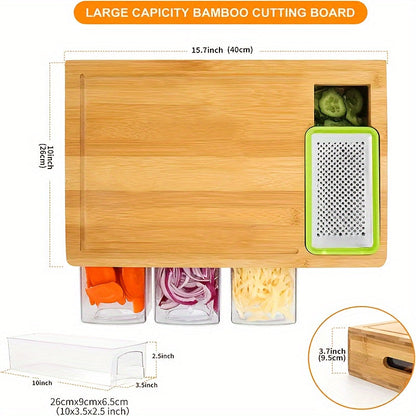 Bamboo Cutting Board with Storage Trays & Graters | Multifunctional Kitchen Prep Station