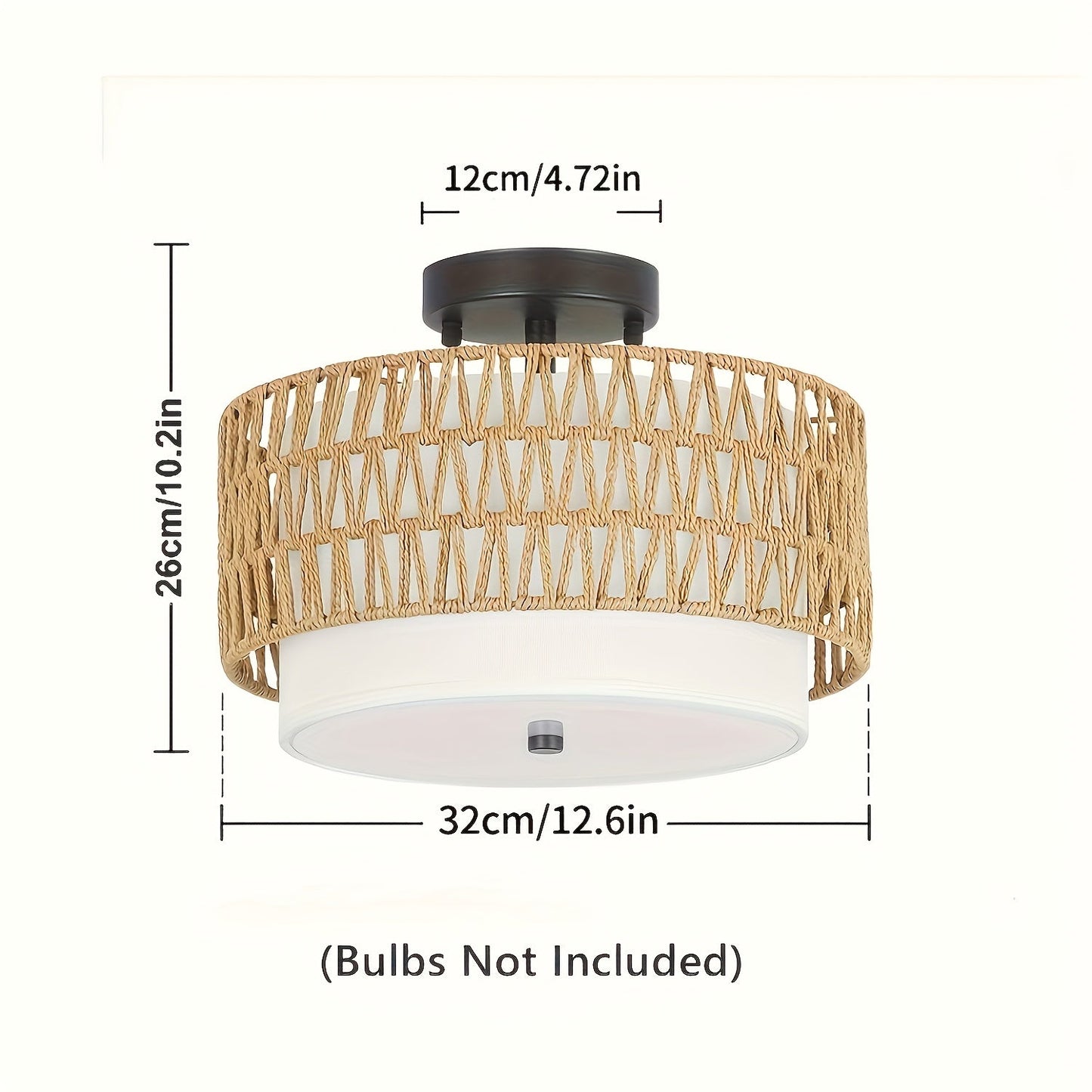 Boho Rattan Ceiling Light | Semi-Flush Mount with Linen Shade