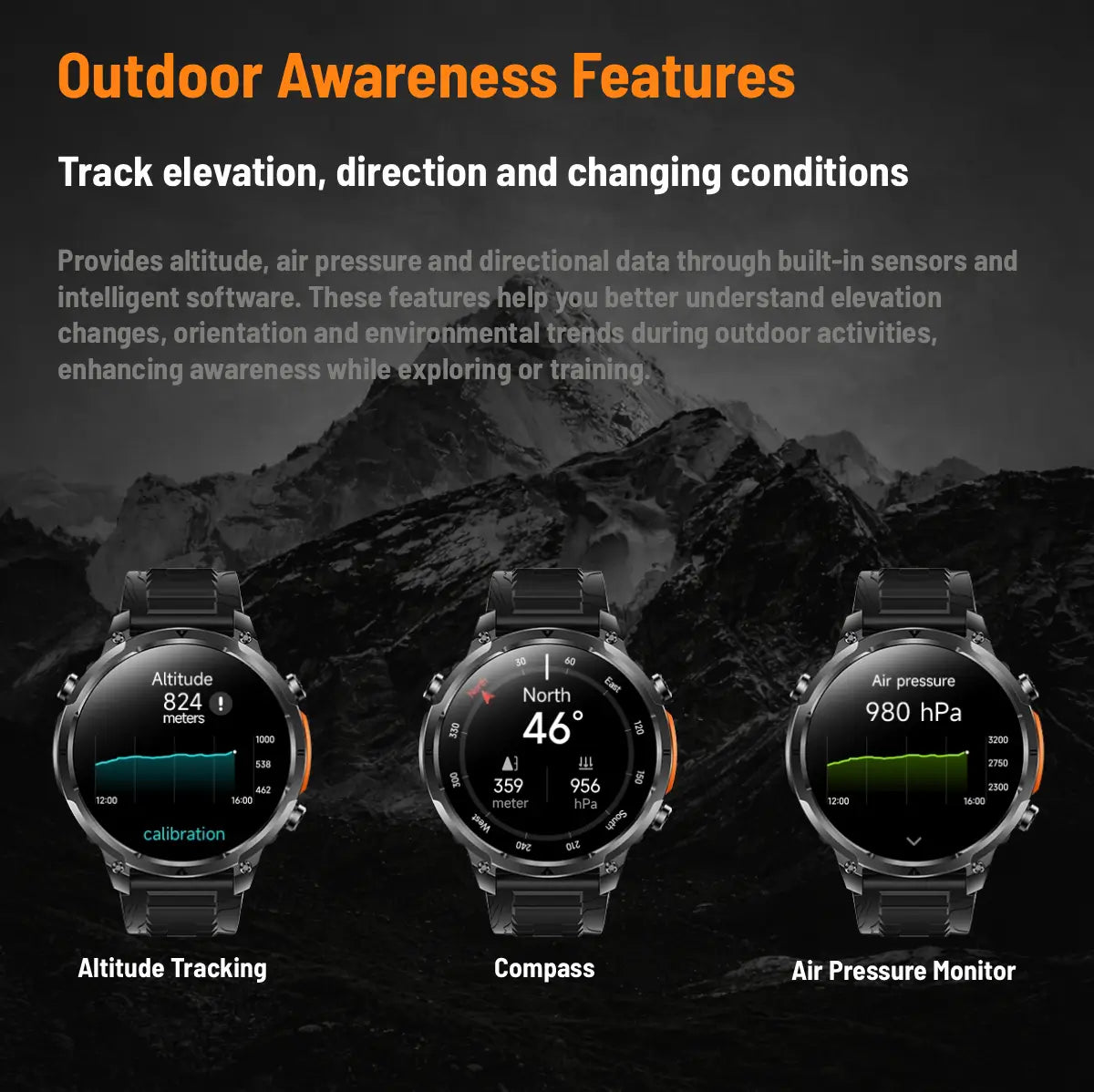 smartwatch with compass, altimeter, air pressure monitor