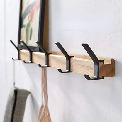 Nordic Wall-Mounted Coat Rack | Adjustable Dual Hooks in Black & Wood Finish