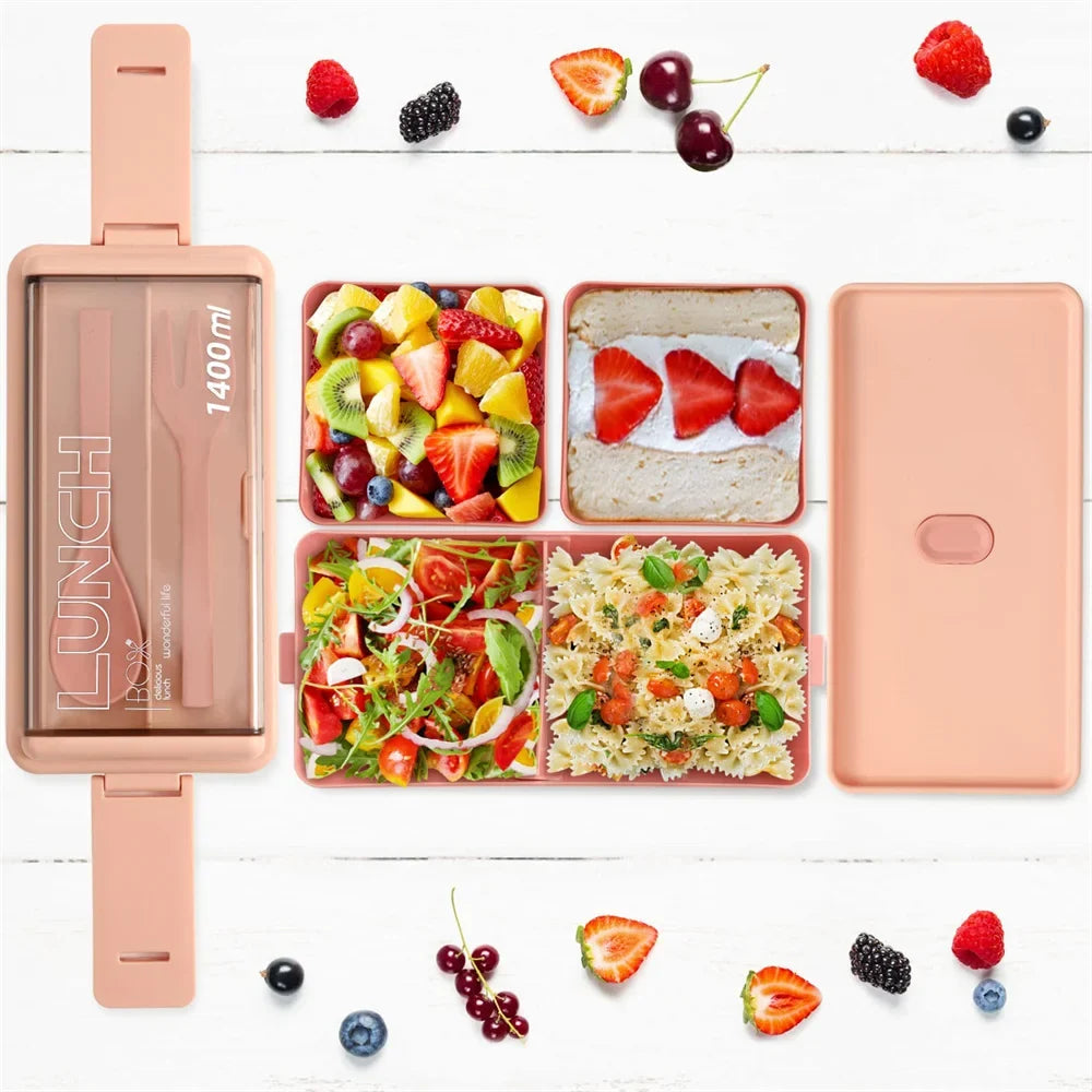 1400ml Double Layer Bento Box | Portable Lunch Box with Fork & Spoon - Microwave Safe Food Storage for Kids & Adults