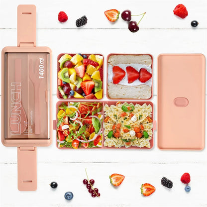 1400ml Double Layer Bento Box | Portable Lunch Box with Fork & Spoon - Microwave Safe Food Storage for Kids & Adults