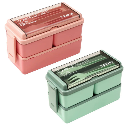 1400ml Double Layer Bento Box | Portable Lunch Box with Fork & Spoon - Microwave Safe Food Storage for Kids & Adults