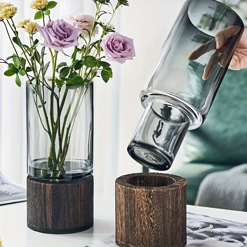 Elegant Glass Vase with Wooden Base for Hydroponic