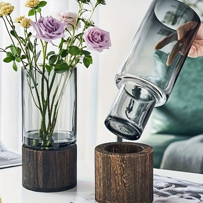Elegant Glass Vase with Wooden Base for Hydroponic