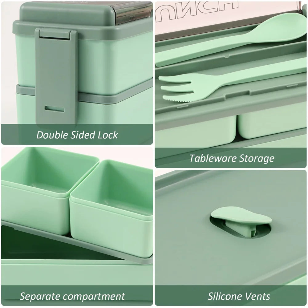 1400ml Double Layer Bento Box | Portable Lunch Box with Fork & Spoon - Microwave Safe Food Storage for Kids & Adults