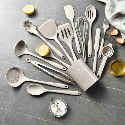 15Pcs Khaki Food Grade Silicone Kitchen Cookware Utensils