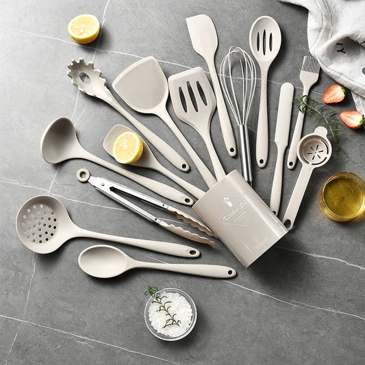 15Pcs Khaki Food Grade Silicone Kitchen Cookware Utensils