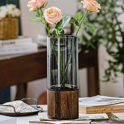 Elegant Glass Vase with Wooden Base for Hydroponic