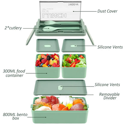 1400ml Double Layer Bento Box | Portable Lunch Box with Fork & Spoon - Microwave Safe Food Storage for Kids & Adults