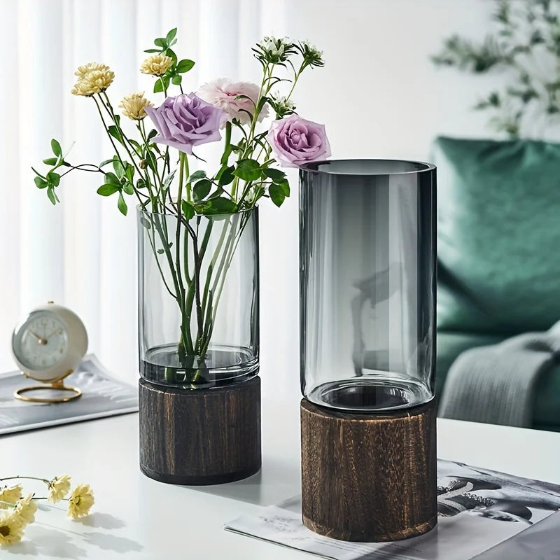 Elegant Glass Vase with Wooden Base for Hydroponic