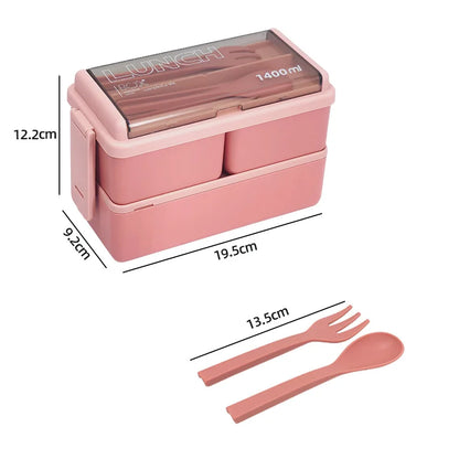 1400ml Double Layer Bento Box | Portable Lunch Box with Fork & Spoon - Microwave Safe Food Storage for Kids & Adults