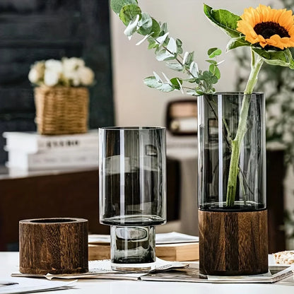Elegant Glass Vase with Wooden Base for Hydroponic