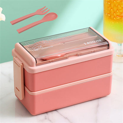 1400ml Double Layer Bento Box | Portable Lunch Box with Fork & Spoon - Microwave Safe Food Storage for Kids & Adults