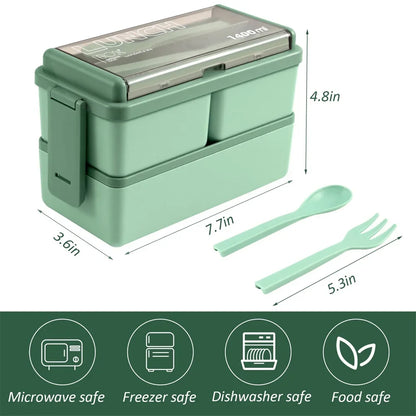 1400ml Double Layer Bento Box | Portable Lunch Box with Fork & Spoon - Microwave Safe Food Storage for Kids & Adults