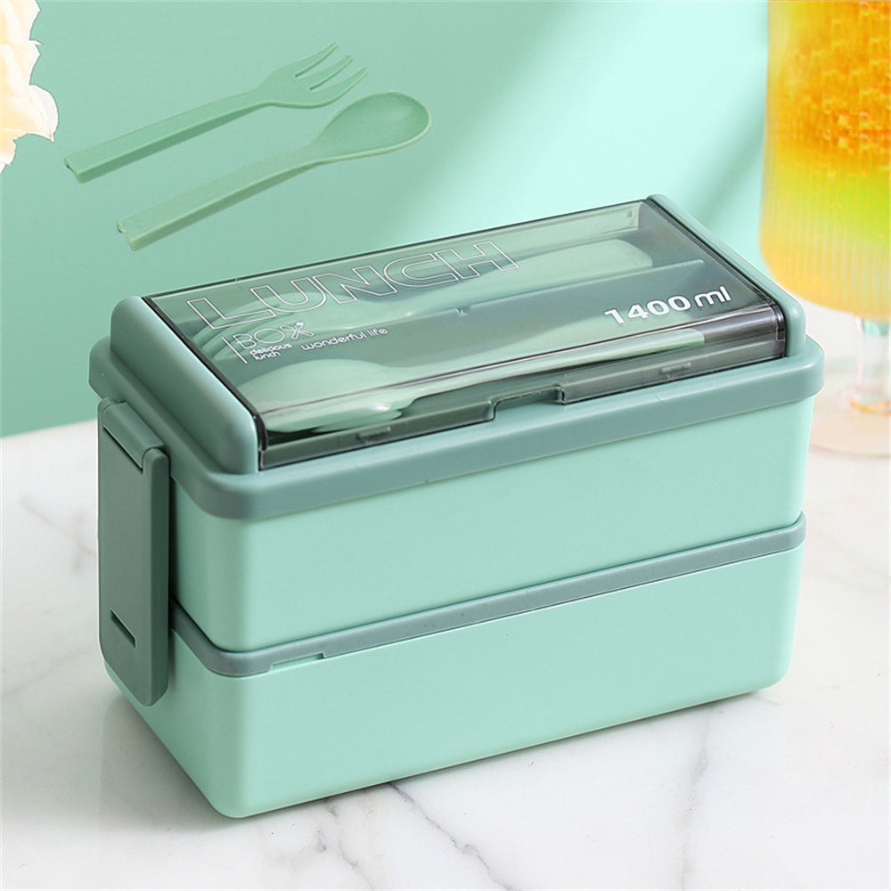 1400ml Double Layer Bento Box | Portable Lunch Box with Fork & Spoon - Microwave Safe Food Storage for Kids & Adults