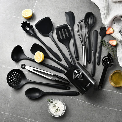 15Pcs Khaki Food Grade Silicone Kitchen Cookware Utensils