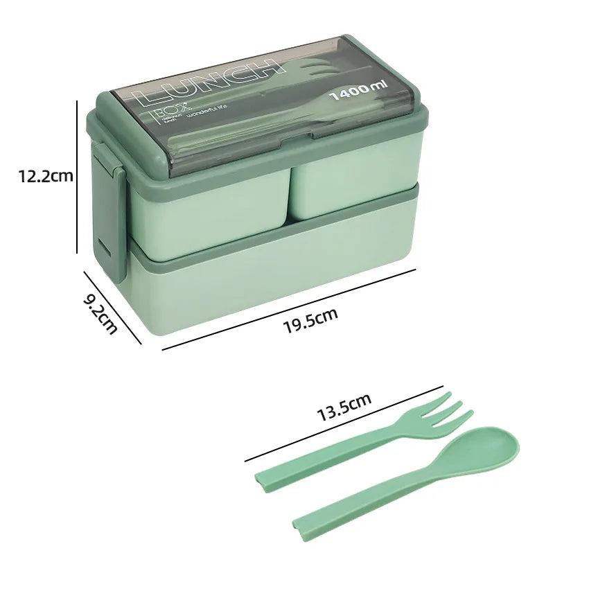 1400ml Double Layer Bento Box | Portable Lunch Box with Fork & Spoon - Microwave Safe Food Storage for Kids & Adults