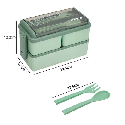 1400ml Double Layer Bento Box | Portable Lunch Box with Fork & Spoon - Microwave Safe Food Storage for Kids & Adults