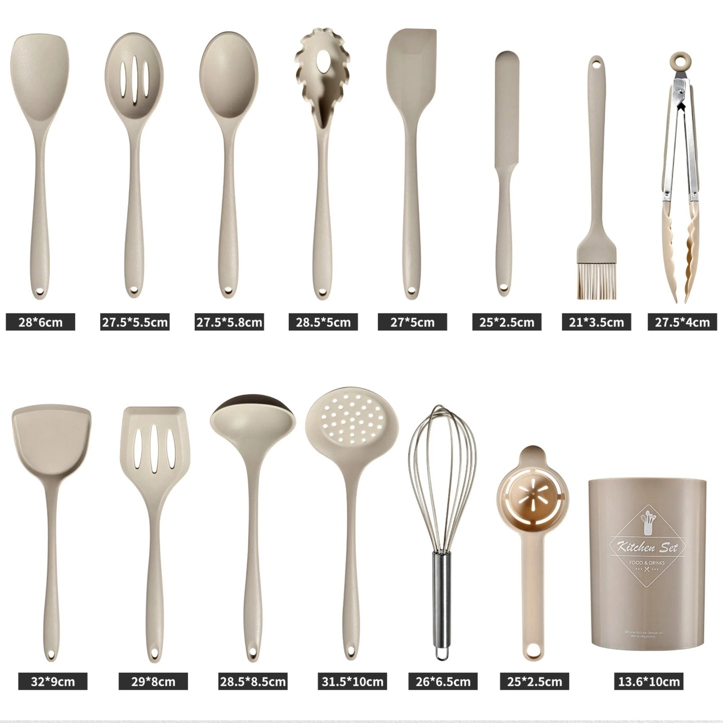 15Pcs Khaki Food Grade Silicone Kitchen Cookware Utensils