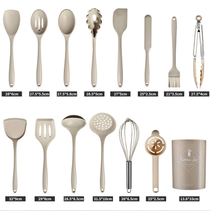 15Pcs Khaki Food Grade Silicone Kitchen Cookware Utensils