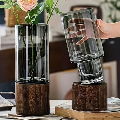 Elegant Glass Vase with Wooden Base for Hydroponic