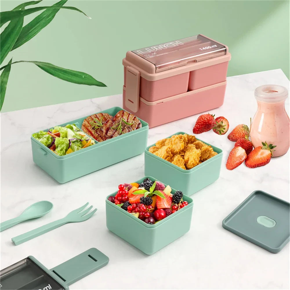 1400ml Double Layer Bento Box | Portable Lunch Box with Fork & Spoon - Microwave Safe Food Storage for Kids & Adults