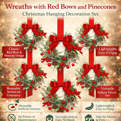 Christmas Wreath Hanging Red Bow Pinecone Holiday Decor