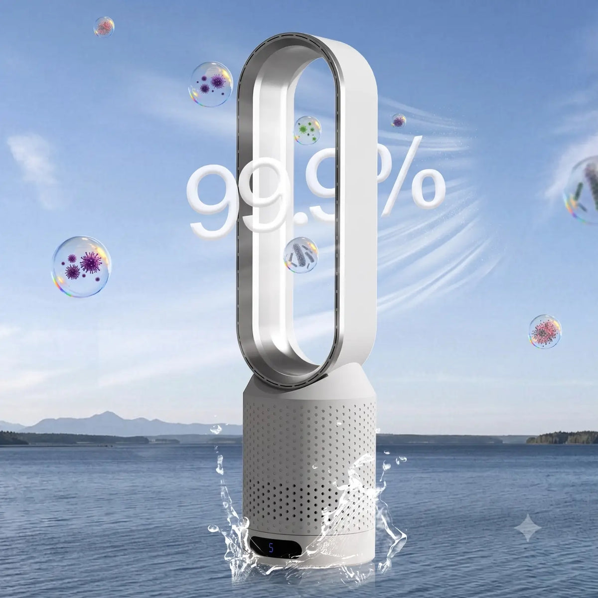 Ventilator zonder bladen met luchtzuiveraar, afstandsbediening en 90° oscillatie