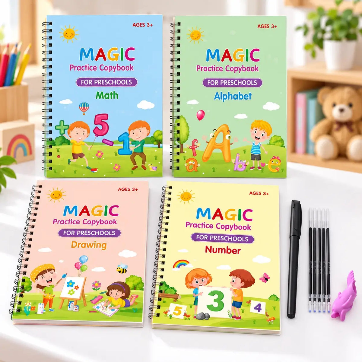 4 Books - Practice Copybook Alphabet Number Drawing Math Workbook