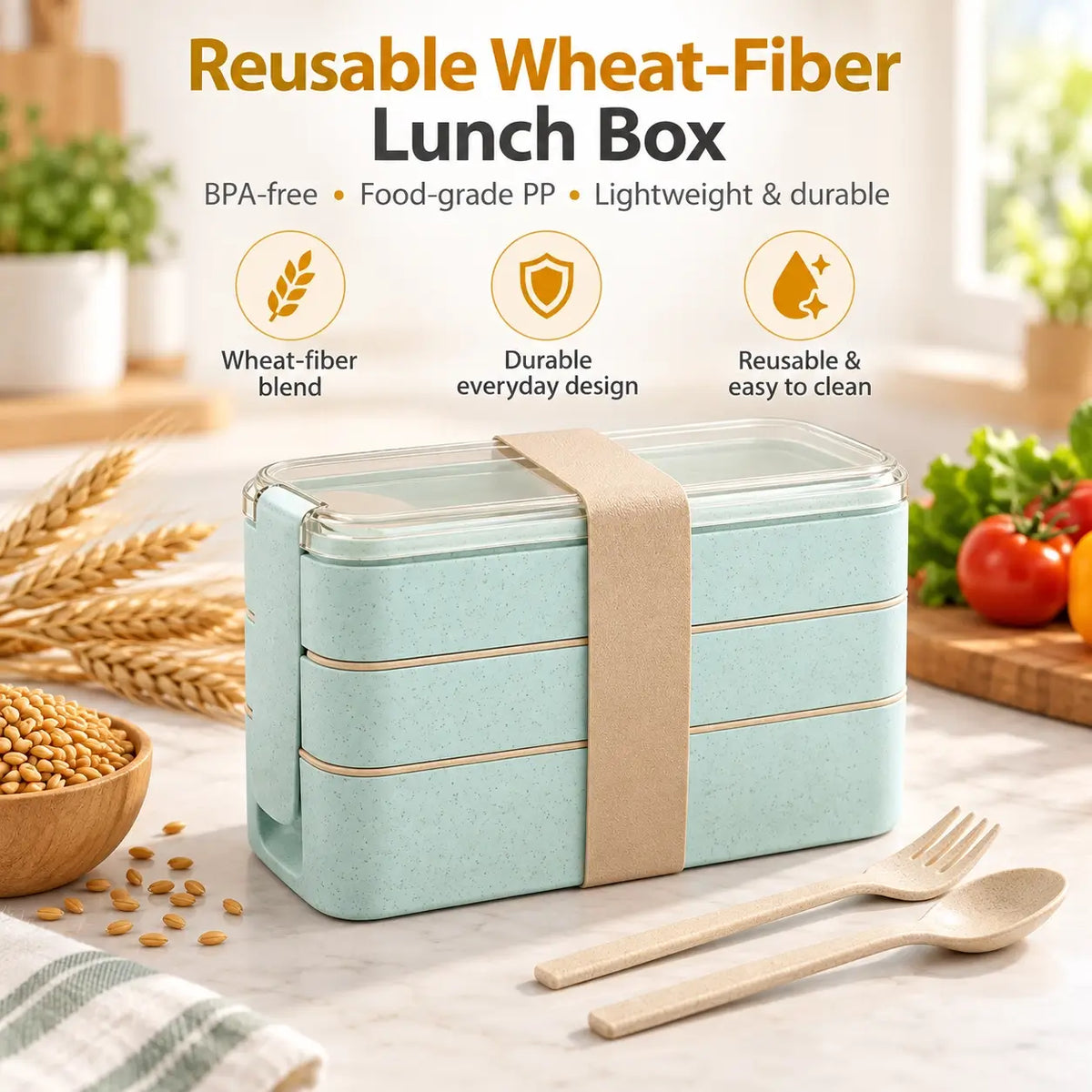 EcoStack | 3-Tier Bento Lunch Box | Wheat Straw 900 ml