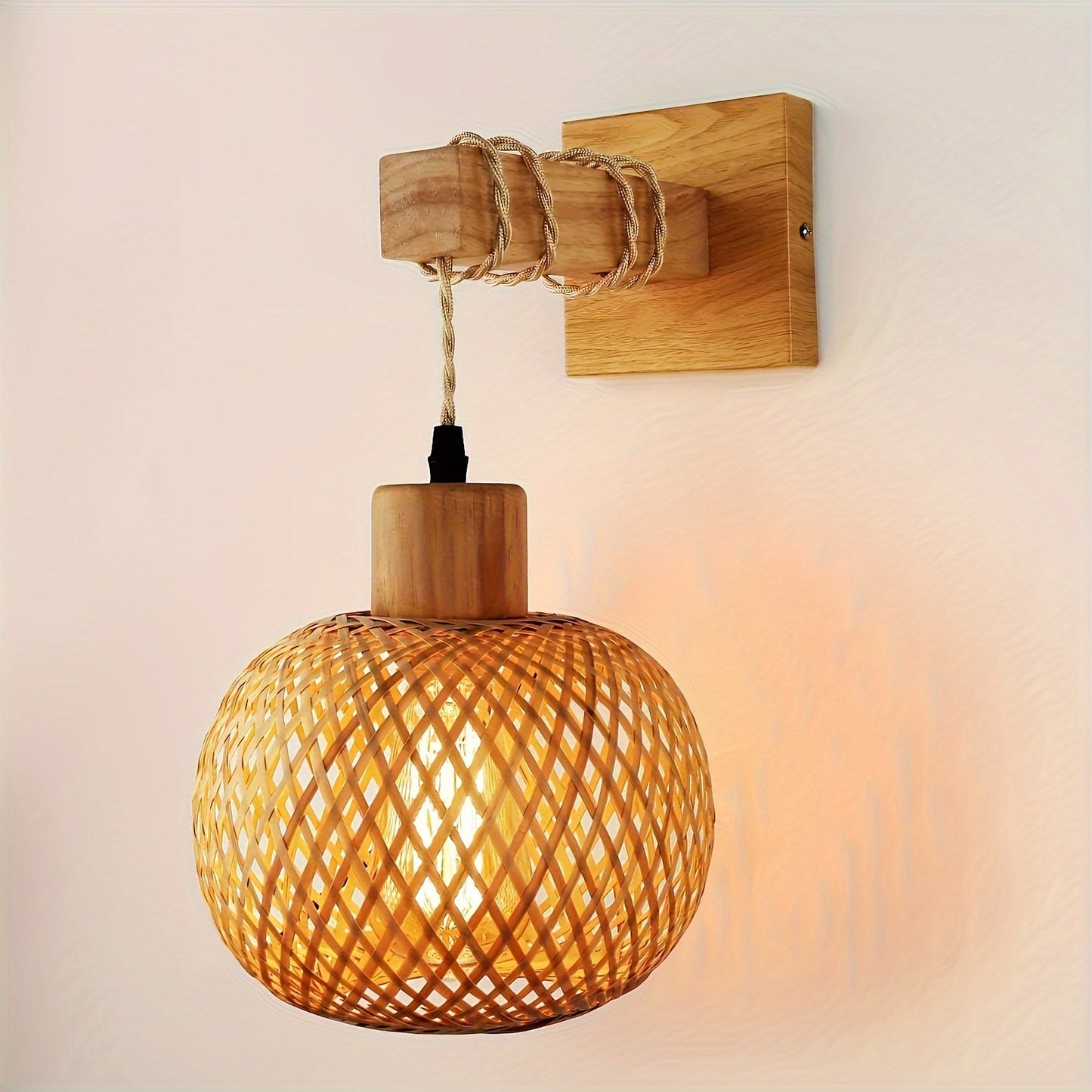 Rustic Wooden Wall Sconce | Handwoven Rattan & Wood Light Fixture