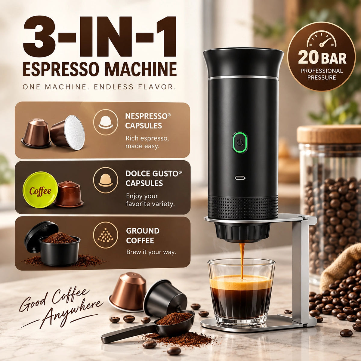 Portable 3-in-1 Espresso Machine