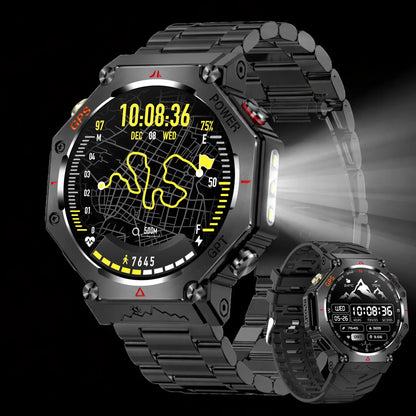 smartwatch with steel strap for men with flashlight