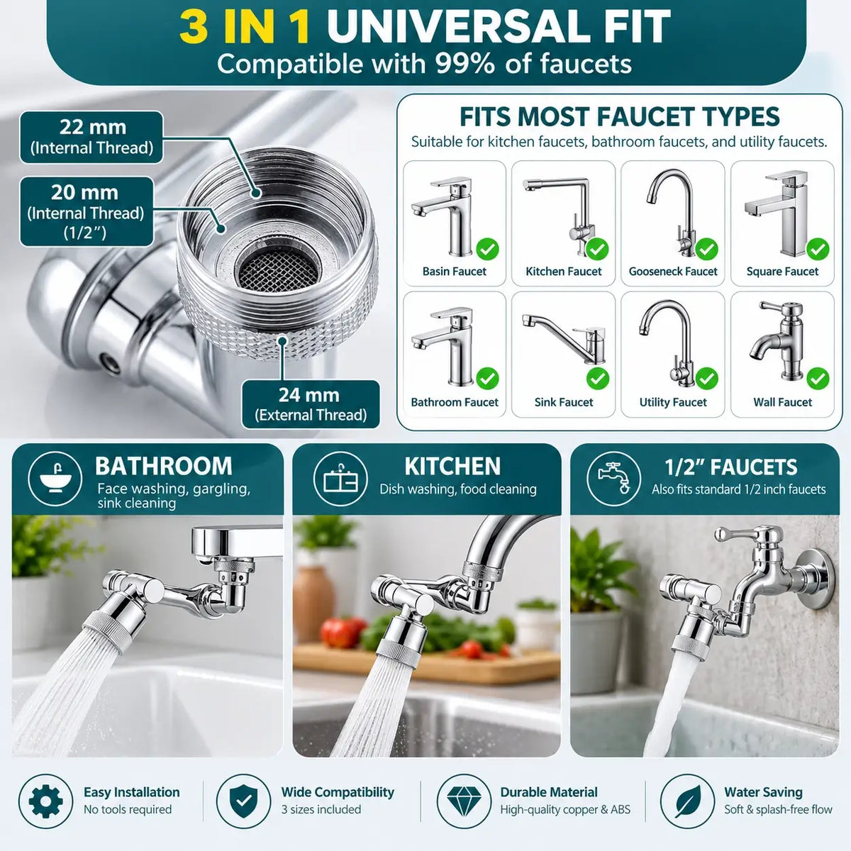Faucet Extender Rotating Splash Filter Copper Aerator Attachment