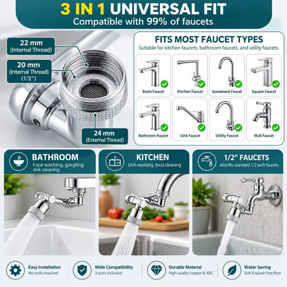 Faucet Extender Rotating Splash Filter Copper Aerator Attachment