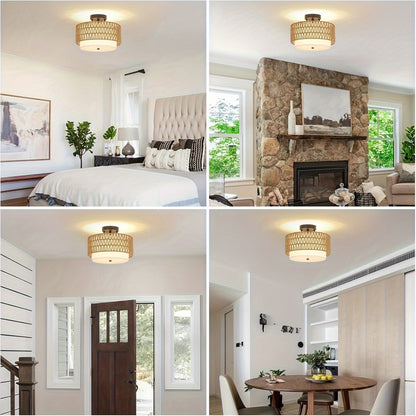 Boho Rattan Ceiling Light | Semi-Flush Mount with Linen Shade