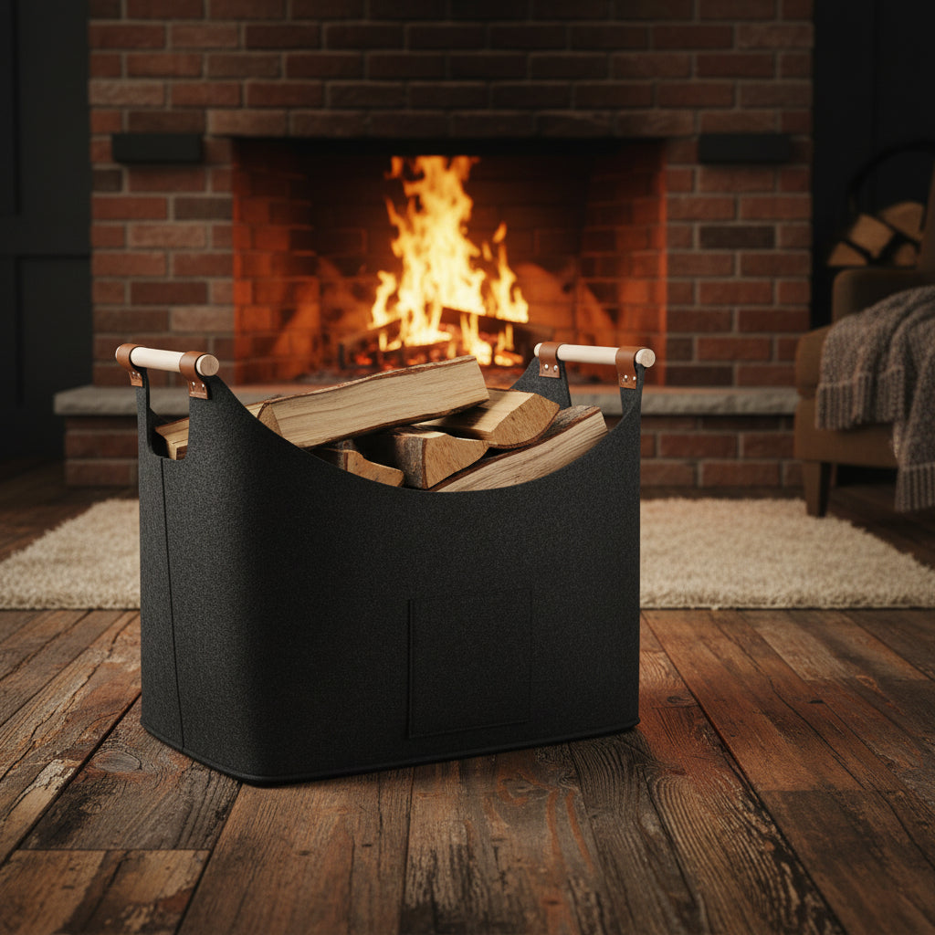 Firewood Carrier Leather Handles Felt Storage Bag - Image 1