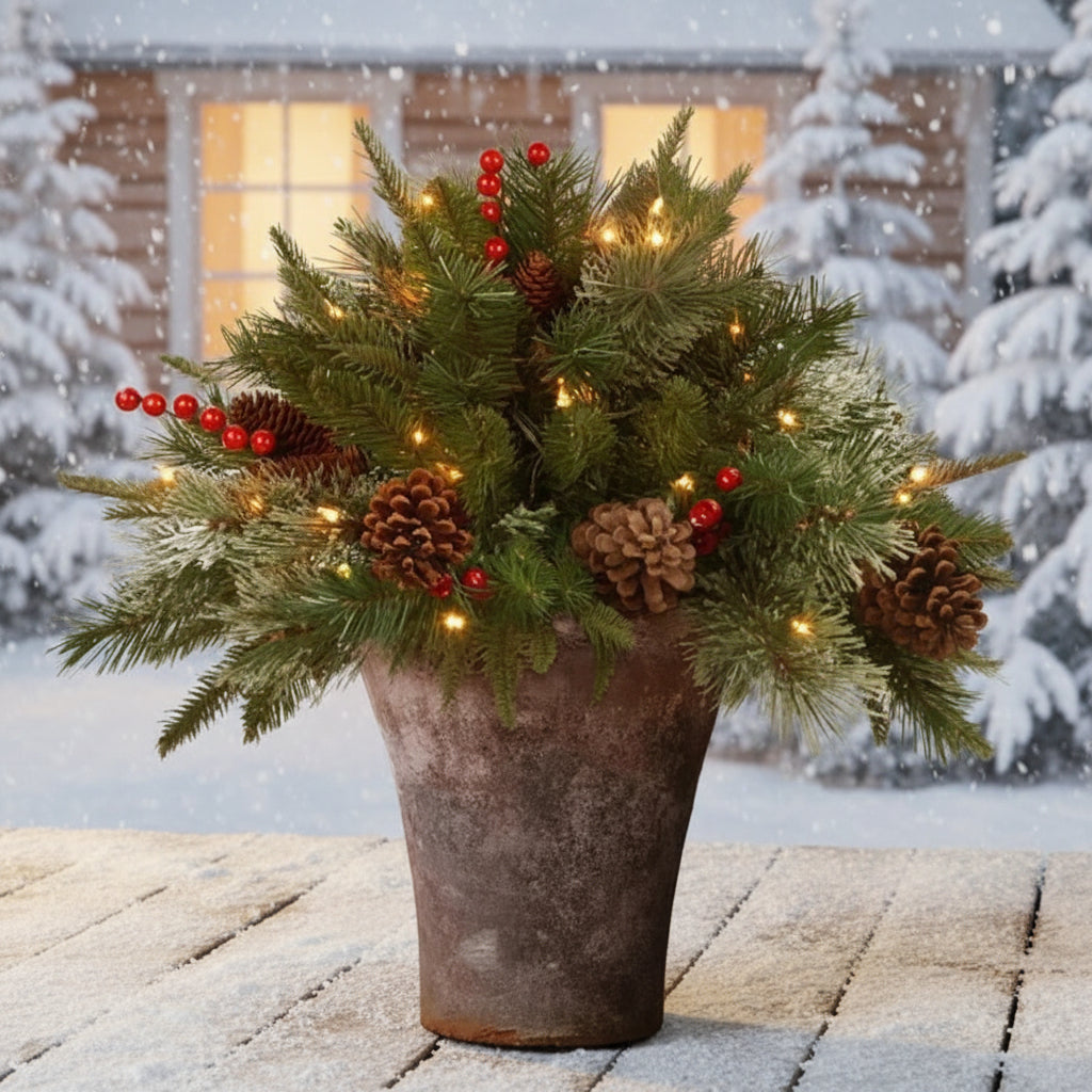 LED Evergreen Urn Filler Festive Holiday Decor - Image 1