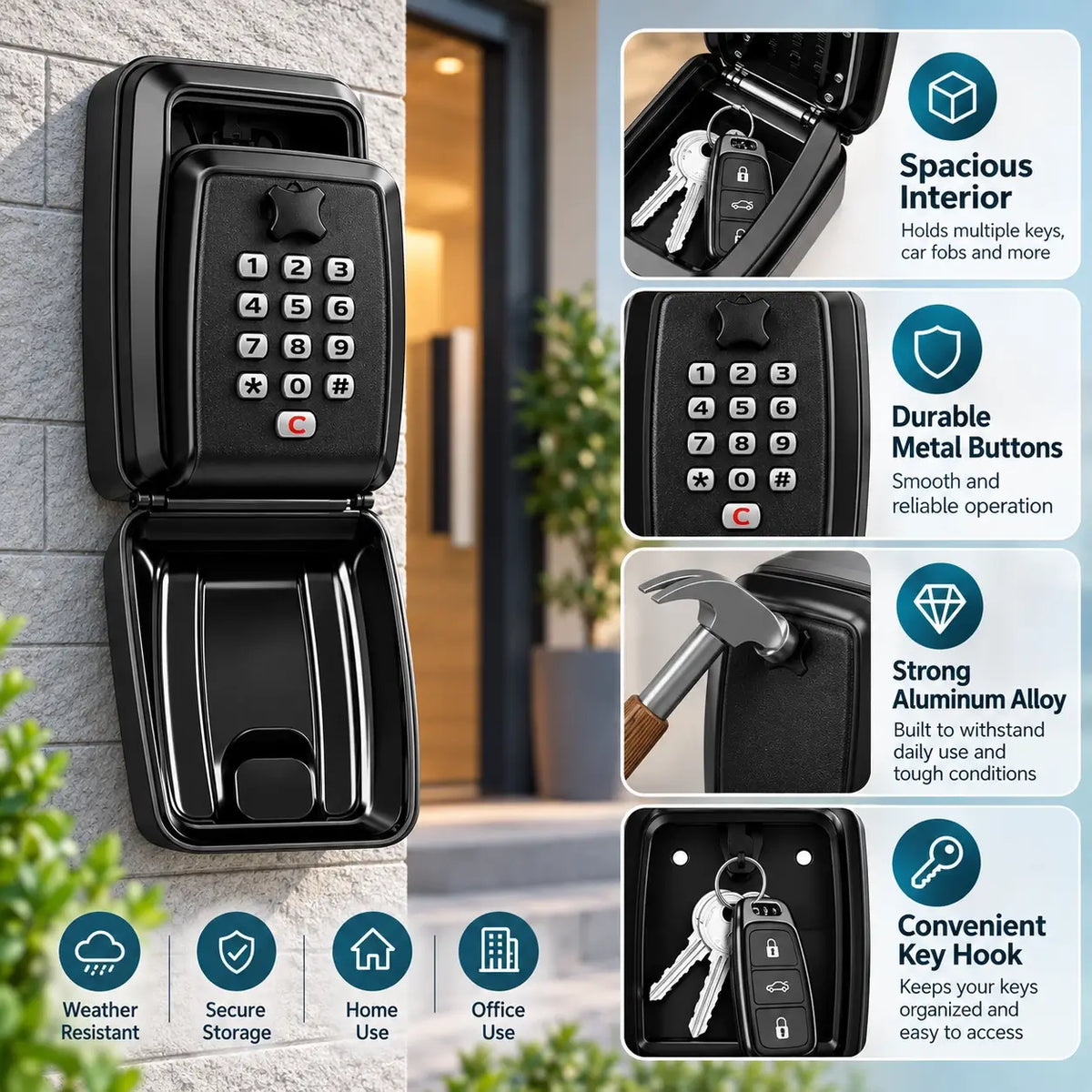 Key Lock Box Wall Mounted Outdoor Waterproof Combination Safe