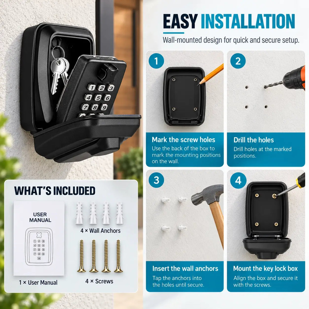 Key Lock Box Wall Mounted Outdoor Waterproof Combination Safe