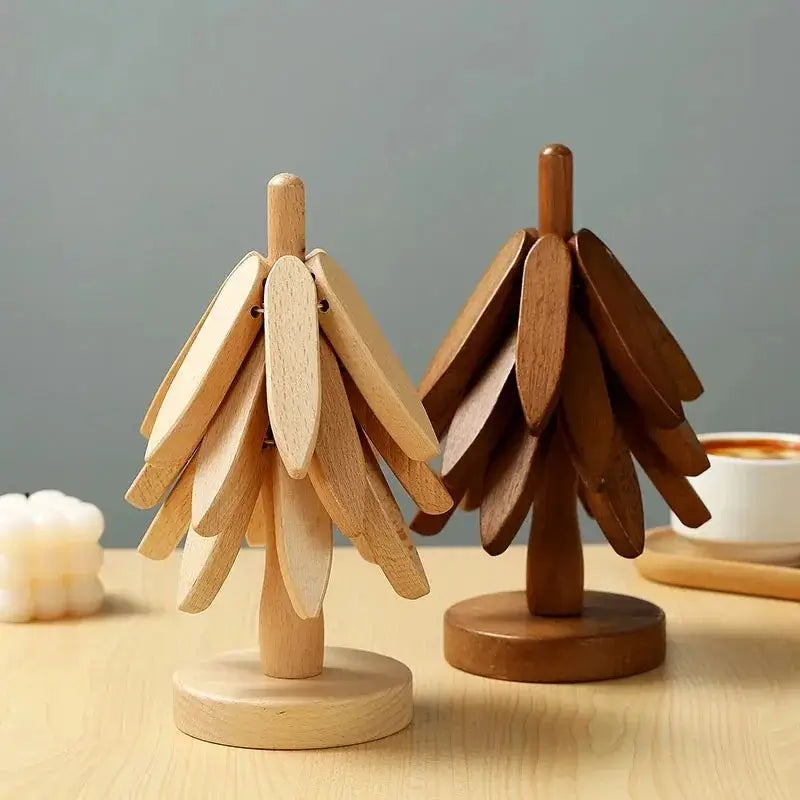 Kitchen Trivet Wooden Heat Resistant Folding Tree Design Set