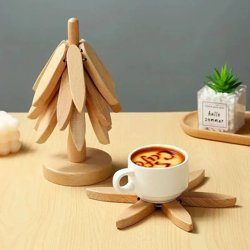 Kitchen Trivet Wooden Heat Resistant Folding Tree Design Set