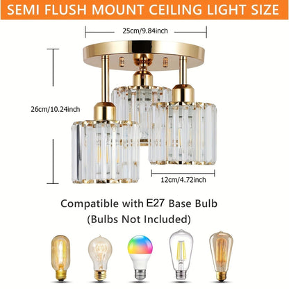 Modern Gold Luxury Crystal Ceiling Light | 3-Light Semi Flush Mount