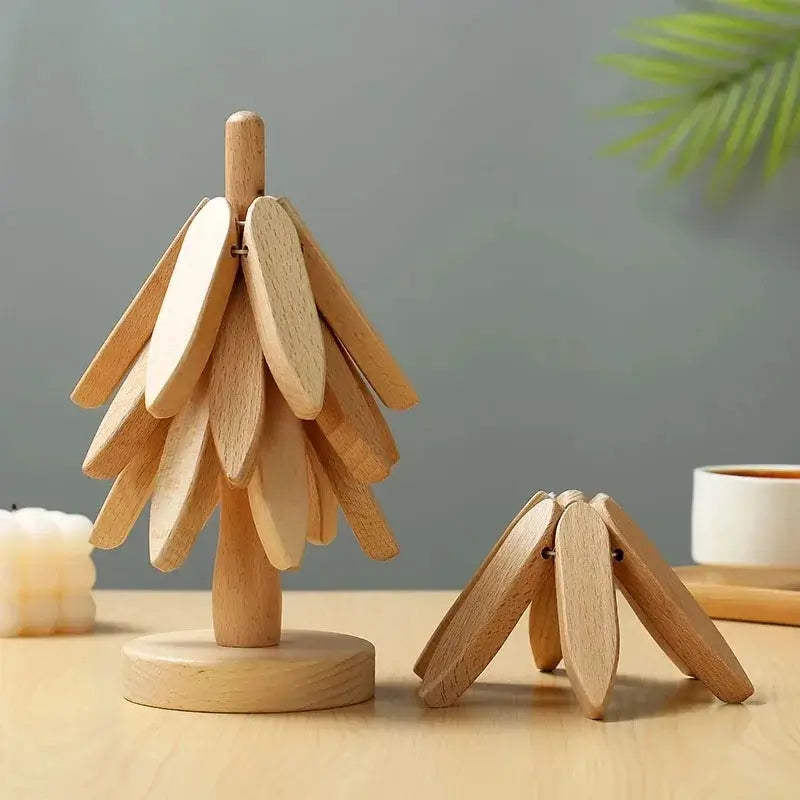 Kitchen Trivet Wooden Heat Resistant Folding Tree Design Set